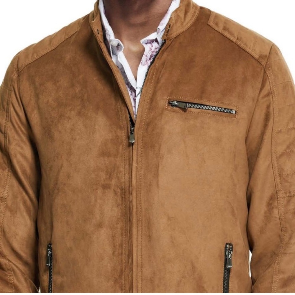 GUESS Freddie Faux-Suede Moto Jacket Size L Men Vegan Leather Brown Zip Front